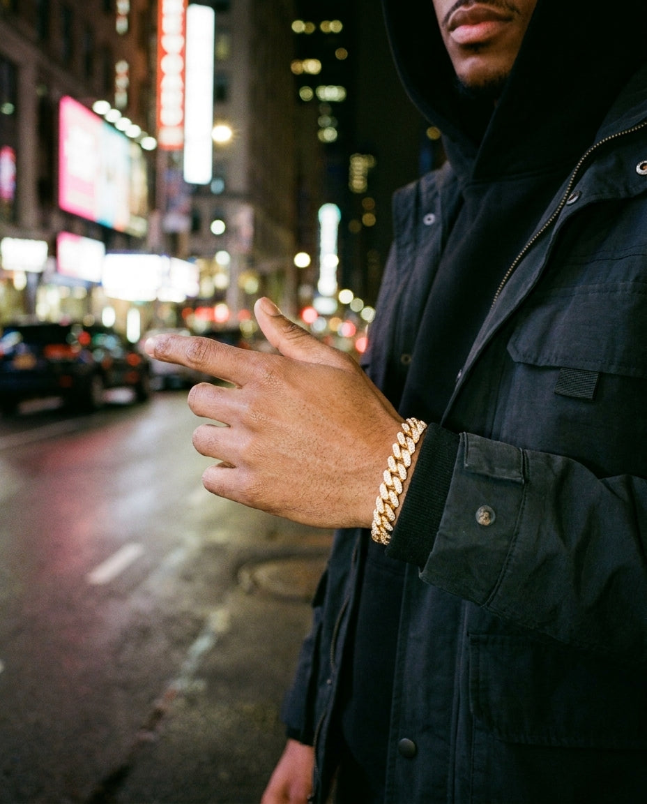 12mm Iced Cuban Bracelet Gold - worn