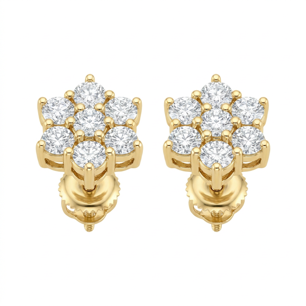 Diamond Flower Cluster Stud Earrings 14K Gold - 14K Gold