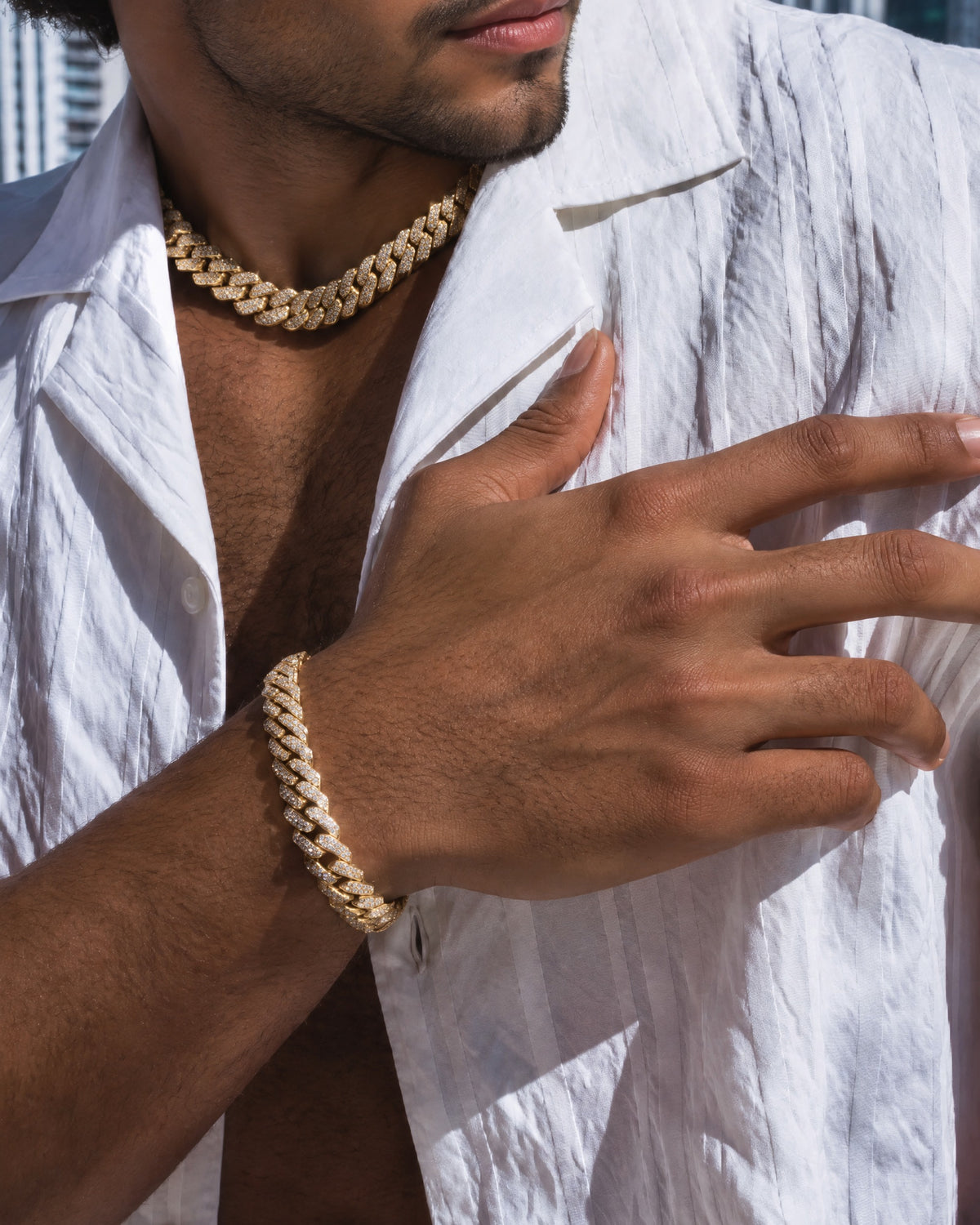 8MM Cuban Link Chain & Bracelet Set, 14K Gold Plated - view 9