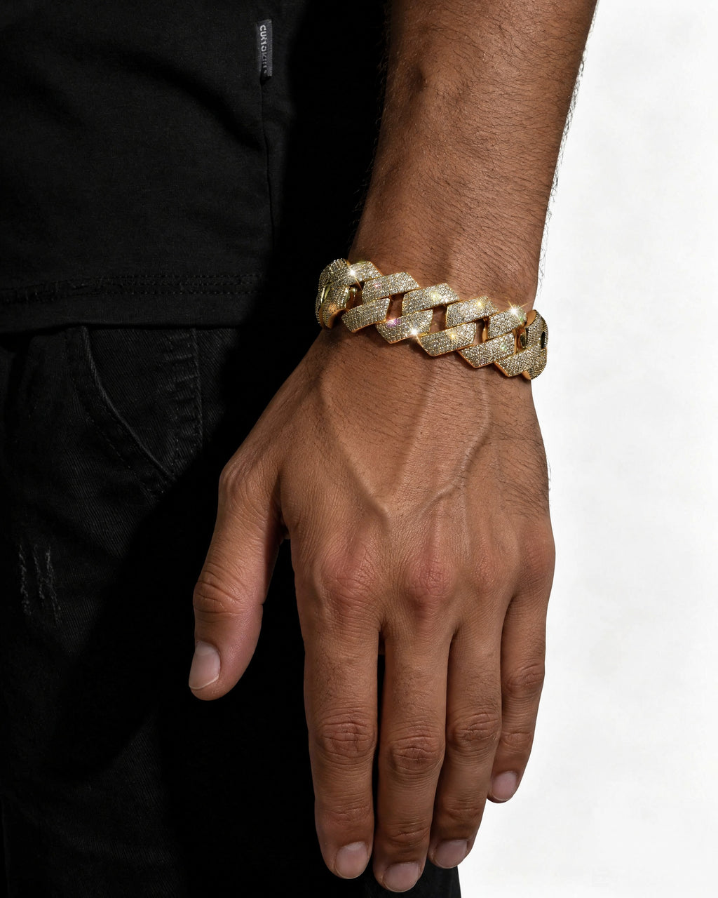 Cuban Link Bracelet 14K Gold Plated Moissanite VVS - Worn on Wrist