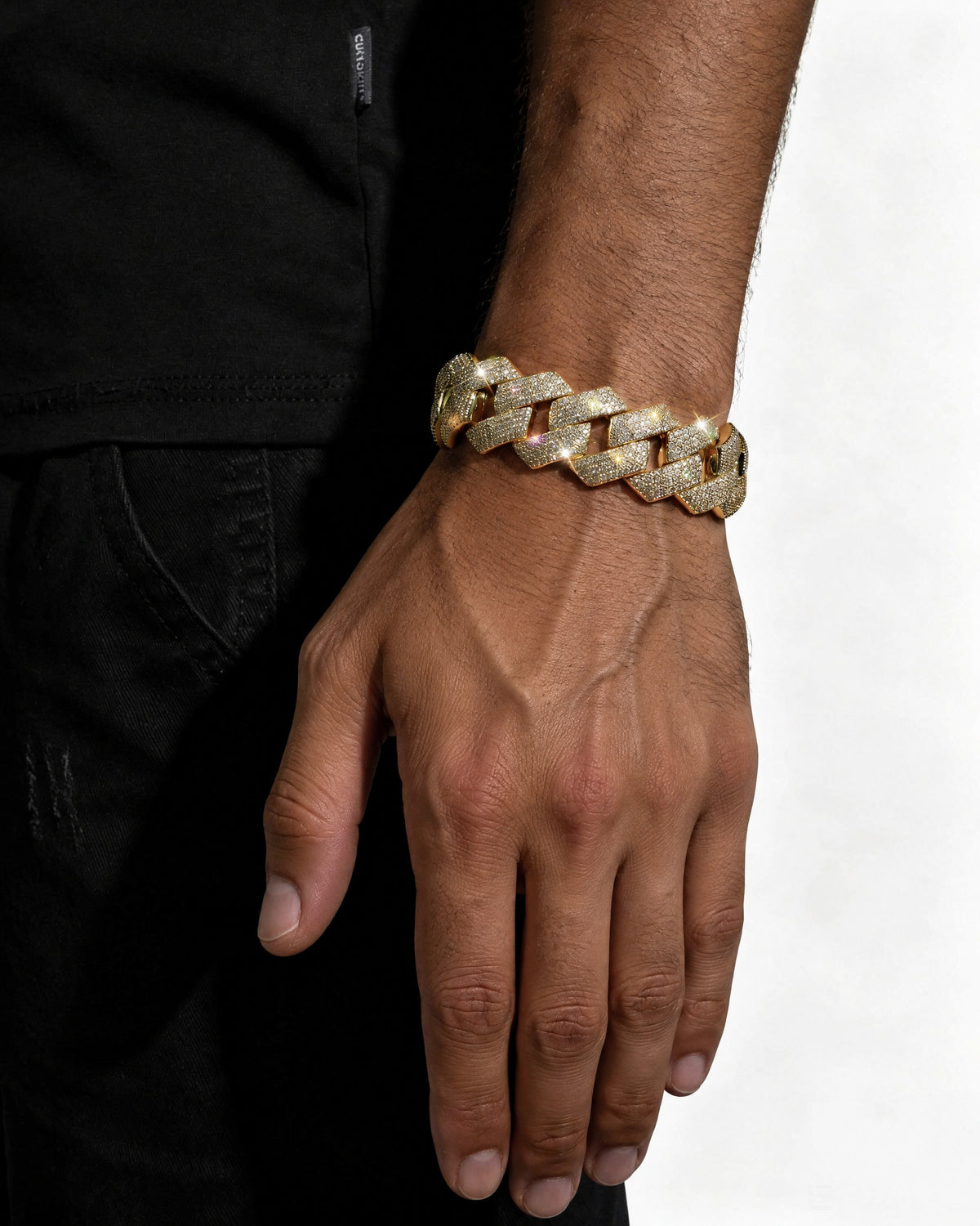 Cuban Link Bracelet 14K Gold Plated Moissanite VVS - Worn on Wrist
